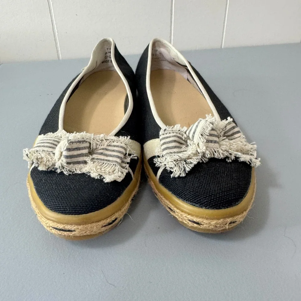Sperry Top-Sider Black Espadrille Flats Women's 7.5M Striped Bow Detail